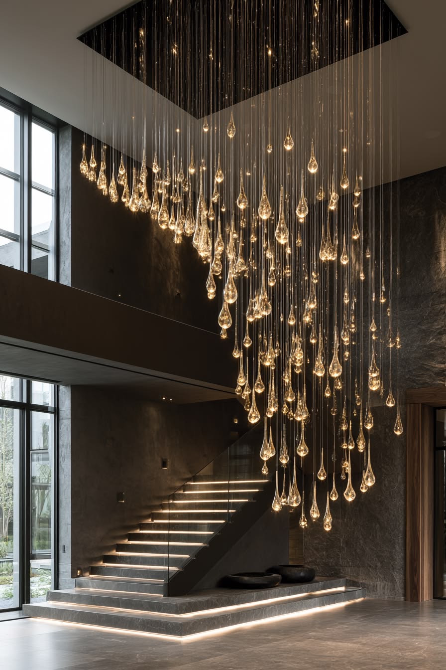 Cascading teardrop chandelier over a staircase, supplied lighting inspiration