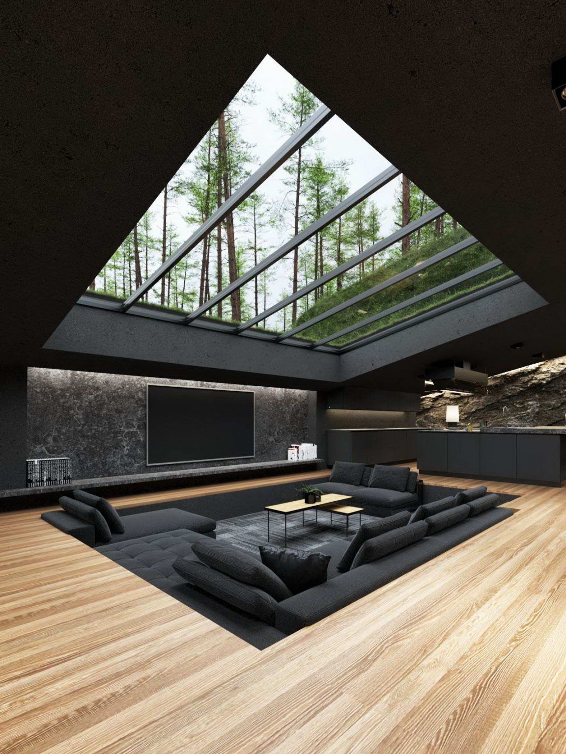 Sunken dark seating beneath a glazed roof, supplied design inspiration