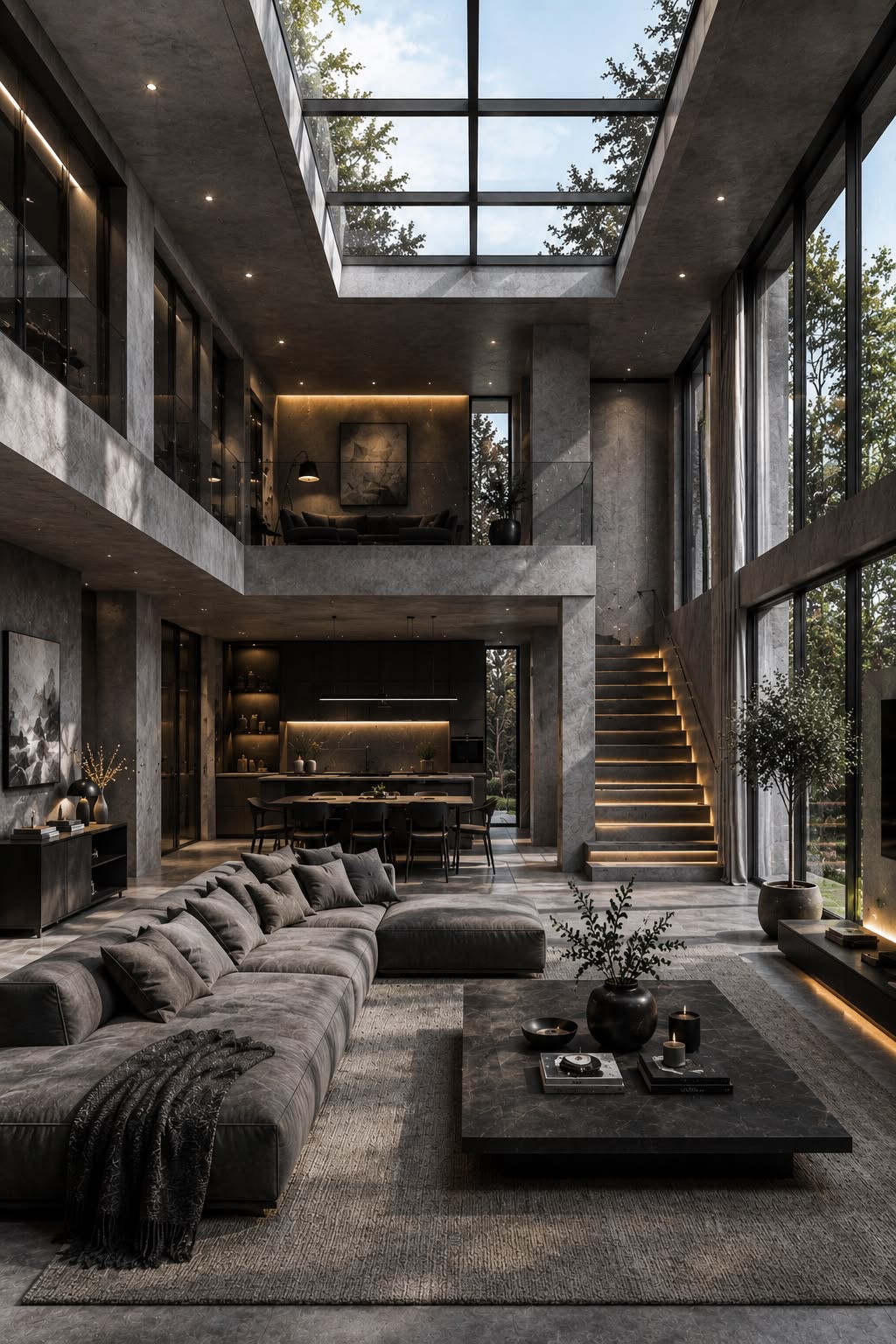 Double-height concrete interior with skylight and staircase, supplied design inspiration
