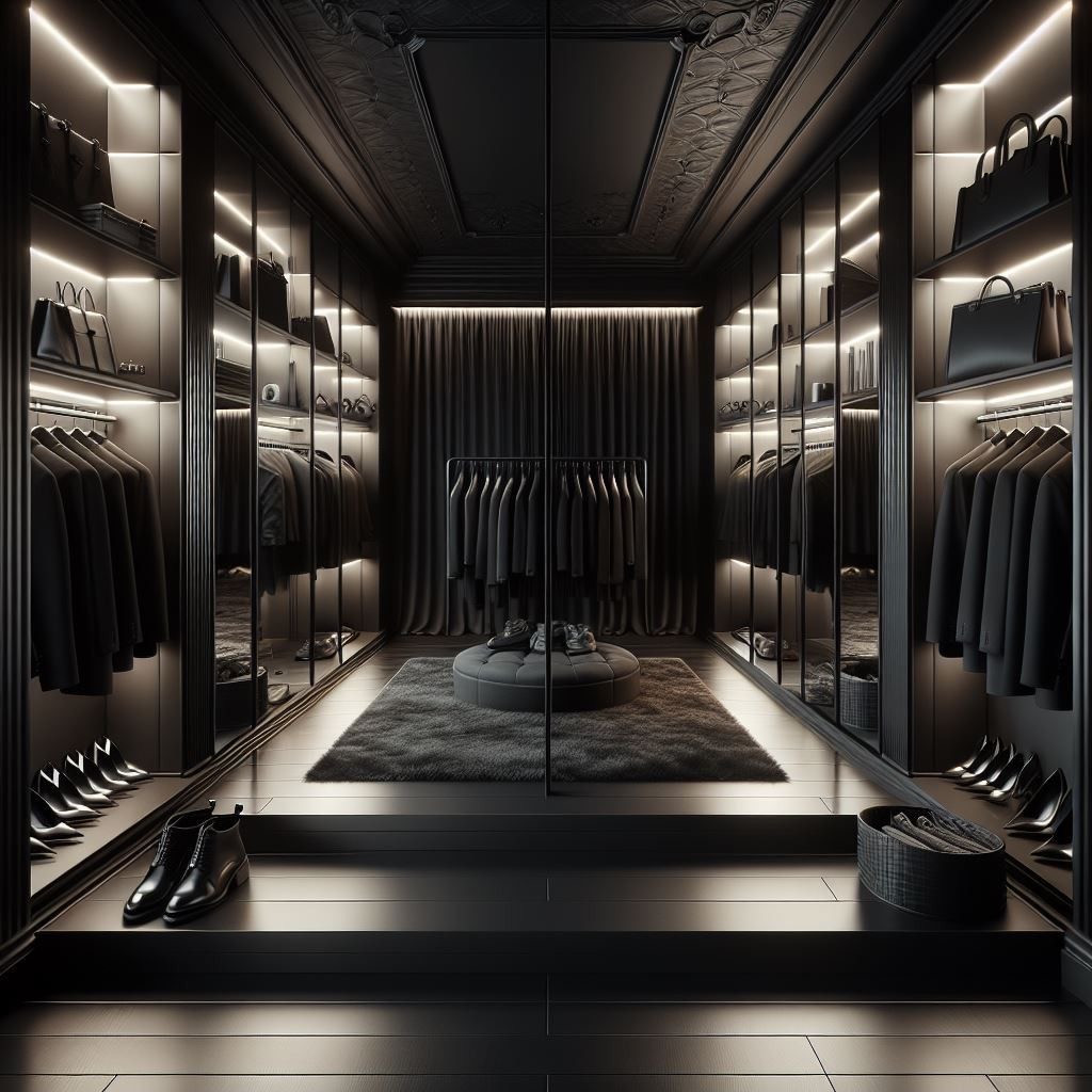 Dark walk-in closet with illuminated shelves and a round seat