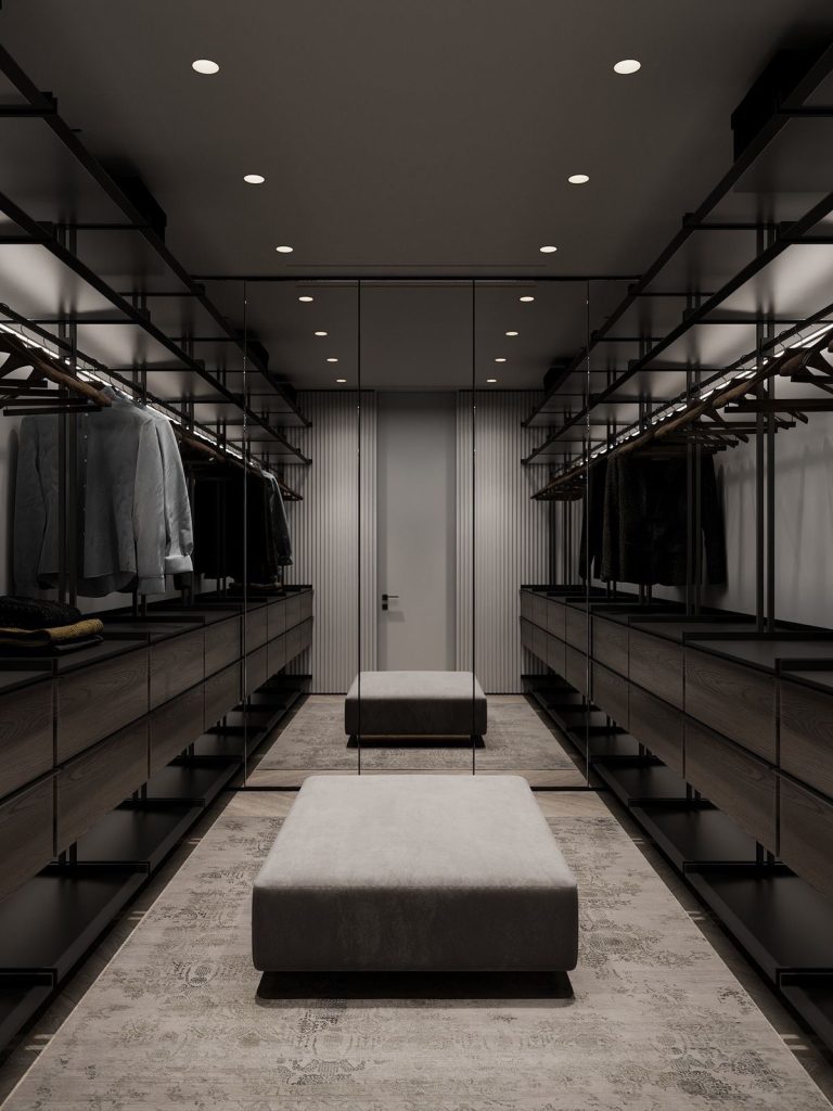 Symmetrical dark closet with two upholstered benches