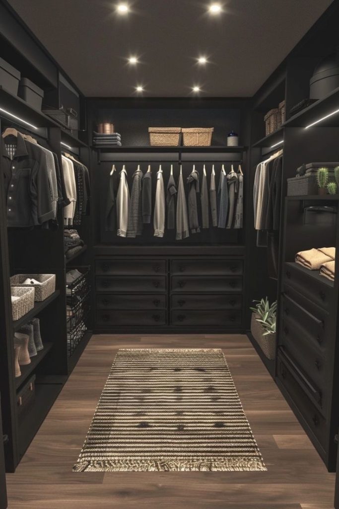 Compact dark closet with wood floor and patterned rug