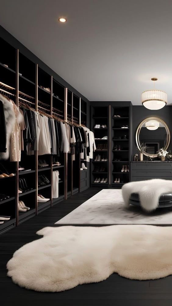 Walk-in closet with a curved bench and round mirror