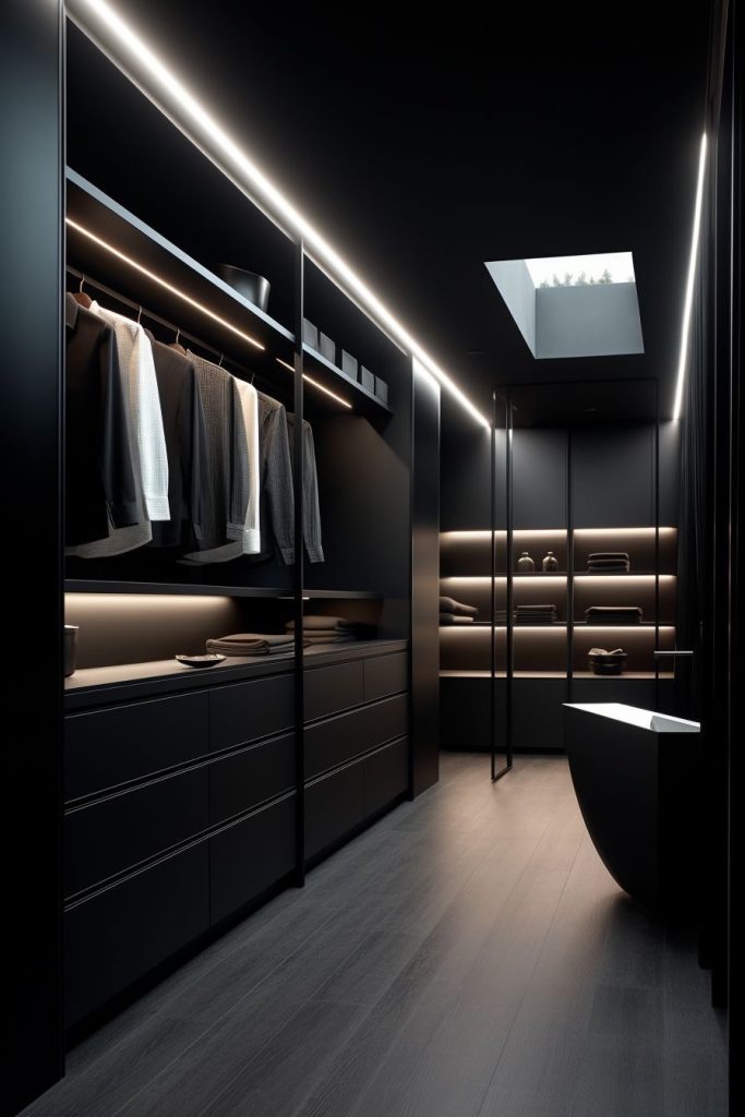 Dark closet with ceiling strip lighting and a skylight