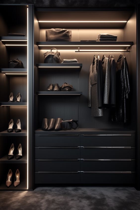 Illuminated dark wardrobe with bags, shoes and drawers