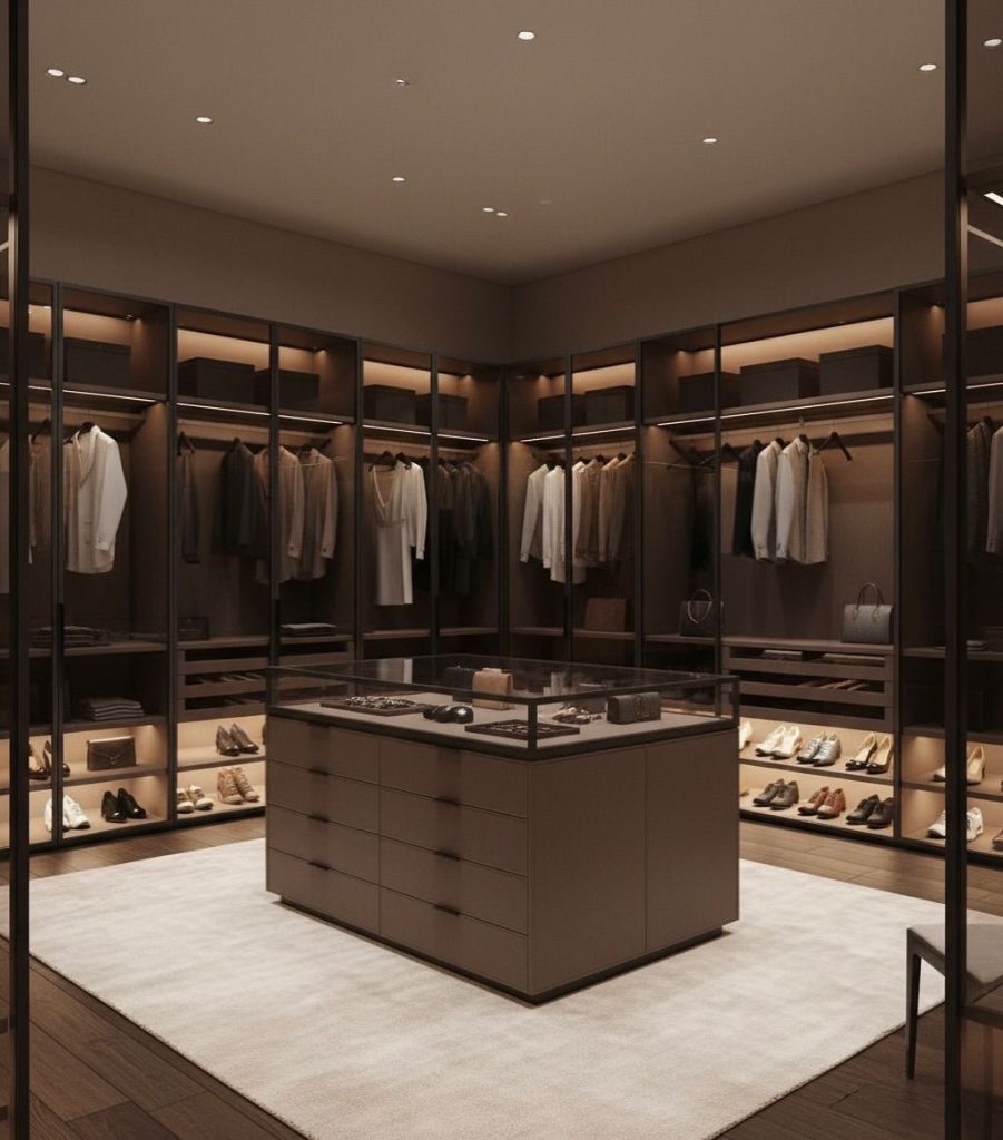 Walk-in closet with a central drawer island