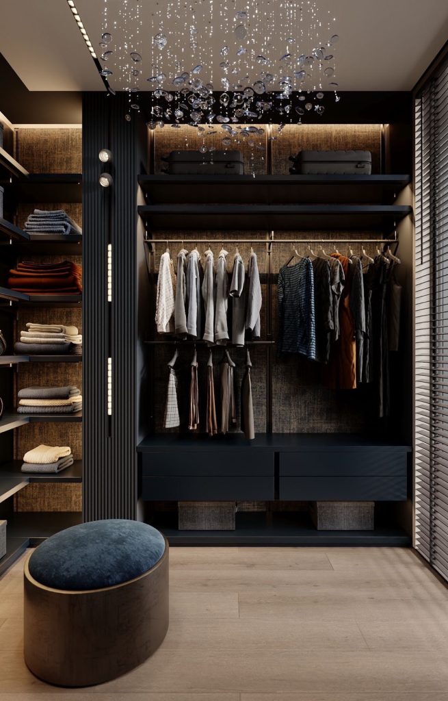 Wardrobe with glass pendant lights and an upholstered stool
