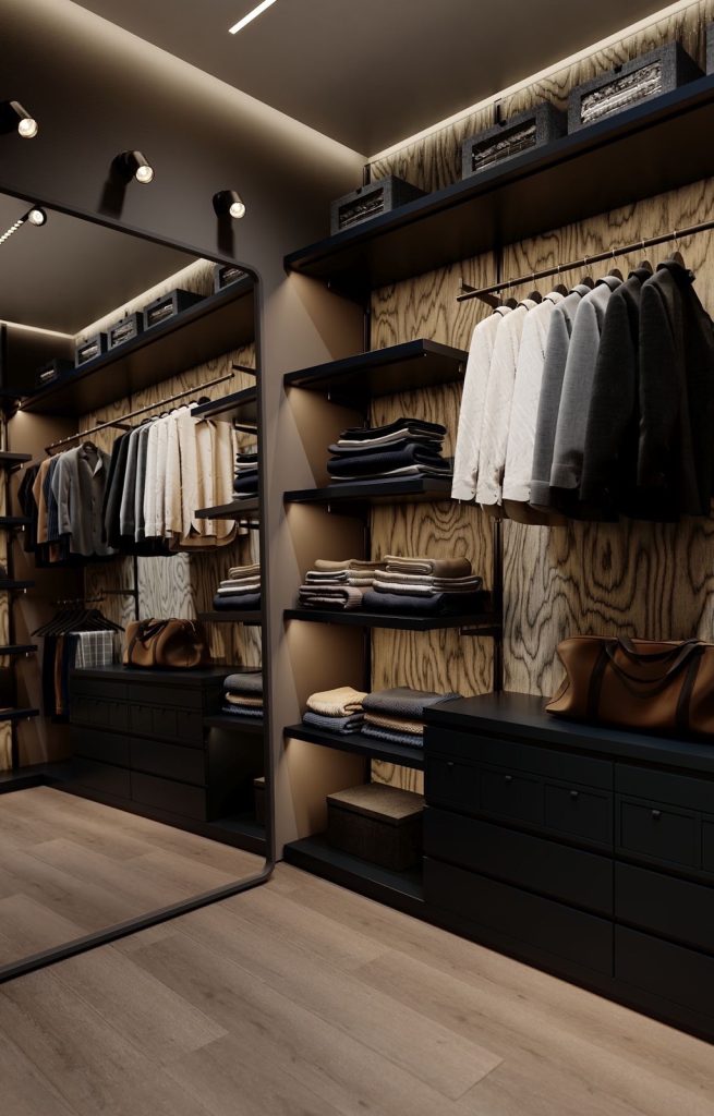 Wood-backed open wardrobe with black shelves