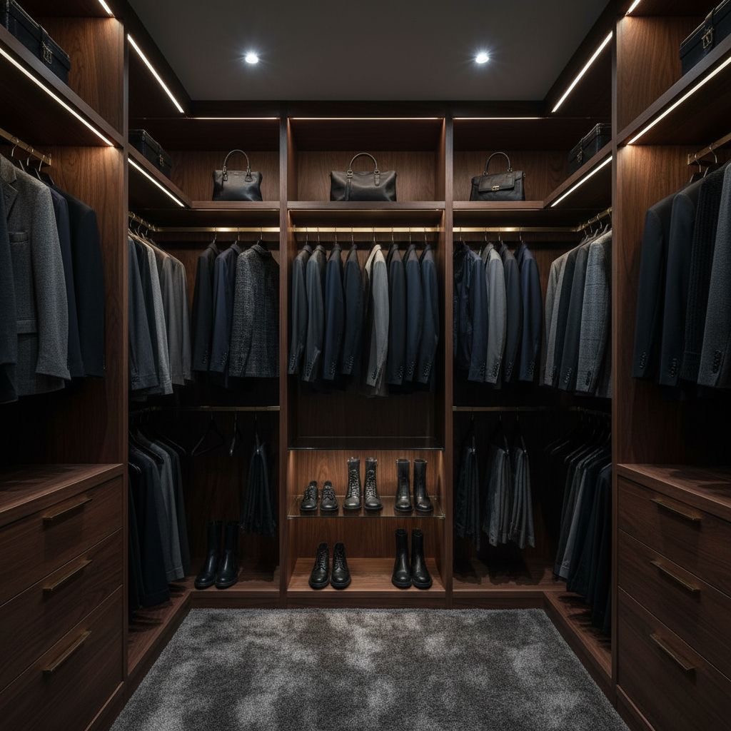 Dark wood closet with hanging clothes and open shelves