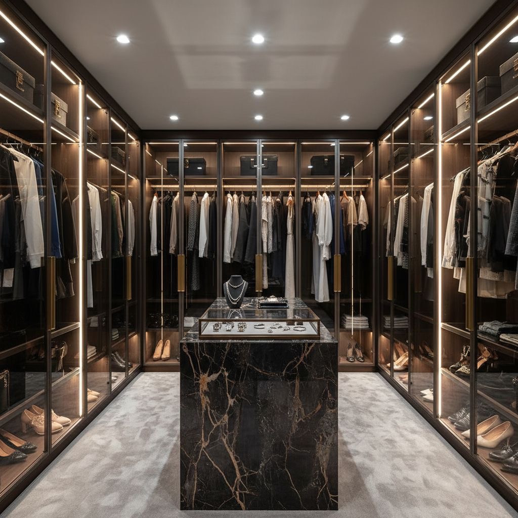 Glass-fronted closet with a black marble island