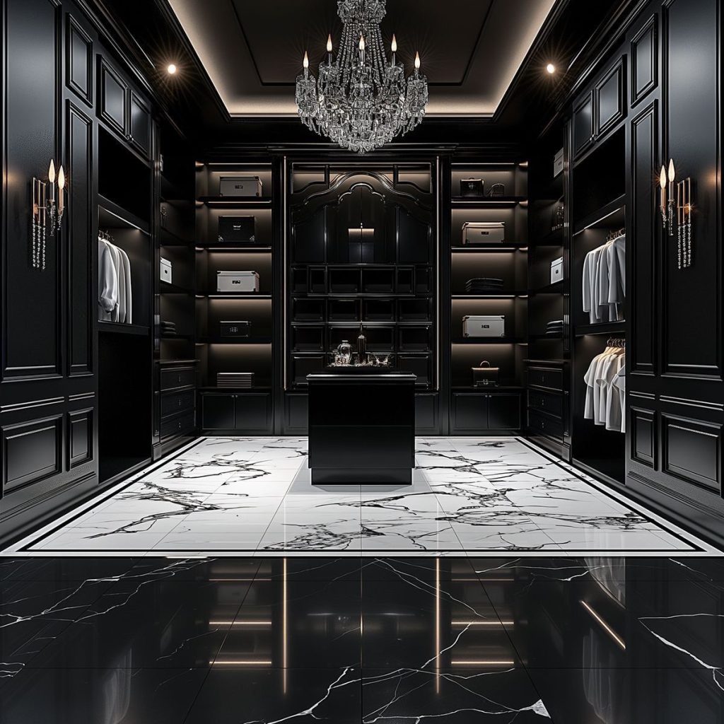 Black paneled closet with chandelier and marble flooring