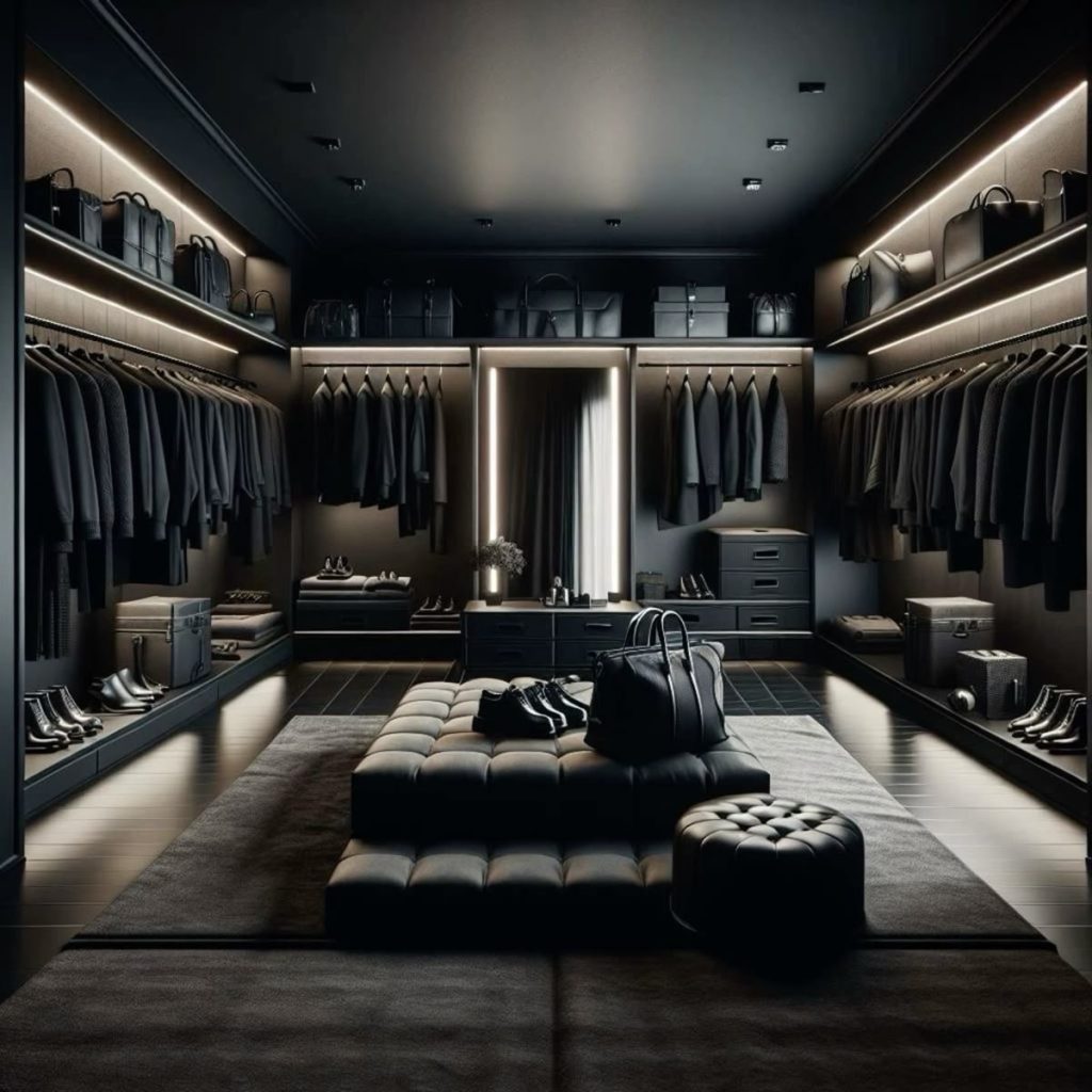 Dark closet with a tufted bench and round stool