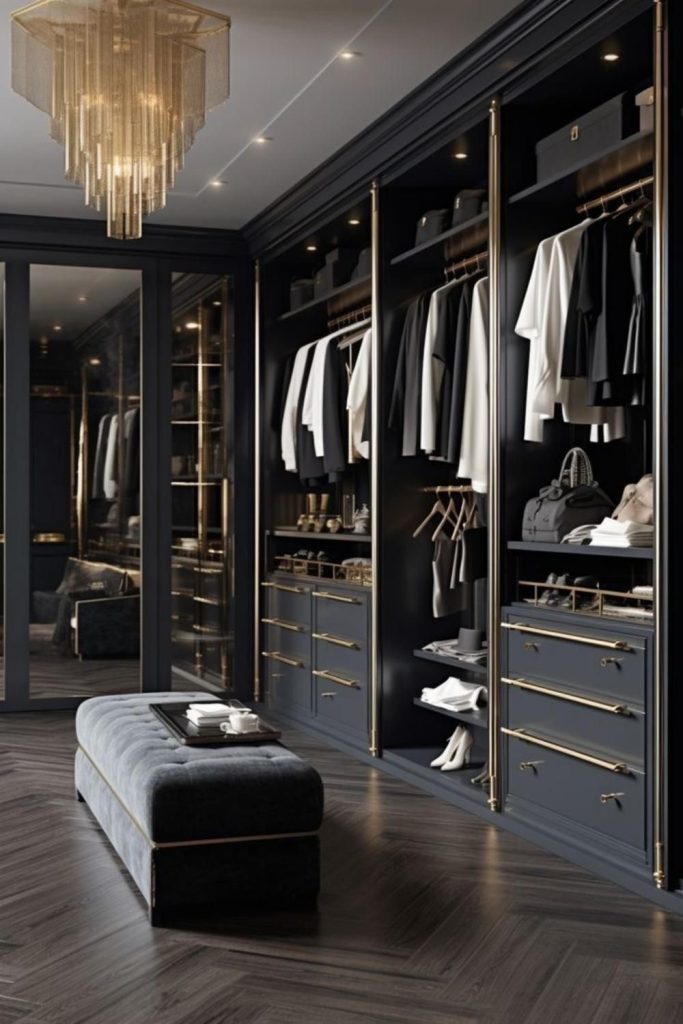 Dark wardrobe with brass details and a long upholstered bench
