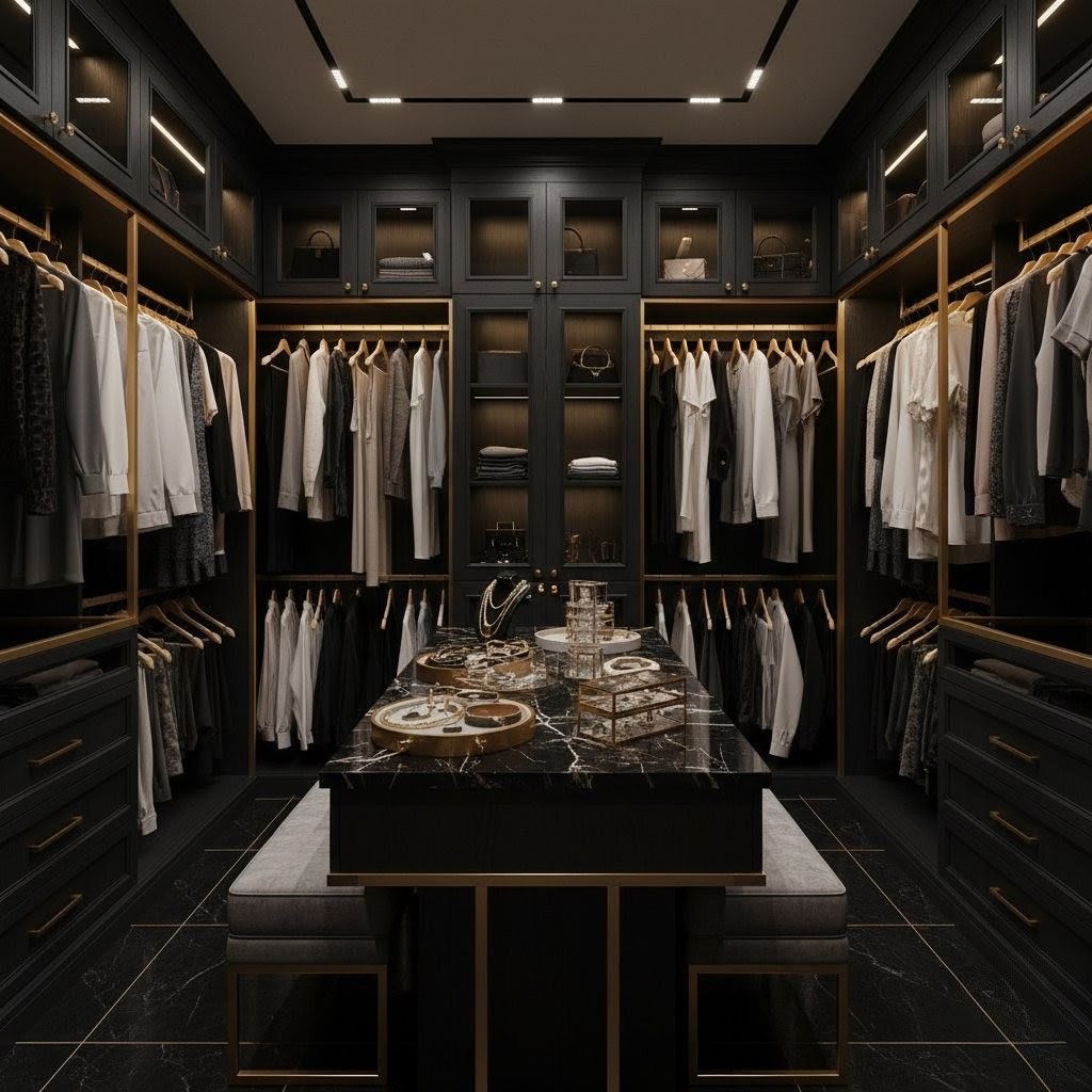 Walk-in closet with a black marble central island
